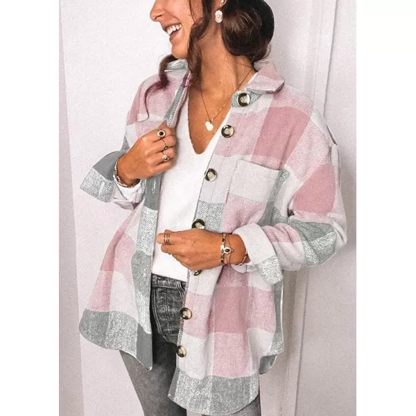 imagePRETTYGARDEN Womens 2023 Fall Clothes Plaid Shacket Jacket Long Sleeve Button Down Flannel Shirts Fashion BlousePink