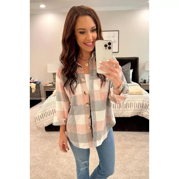 imagePRETTYGARDEN Womens 2023 Fall Clothes Plaid Shacket Jacket Long Sleeve Button Down Flannel Shirts Fashion BlousePink