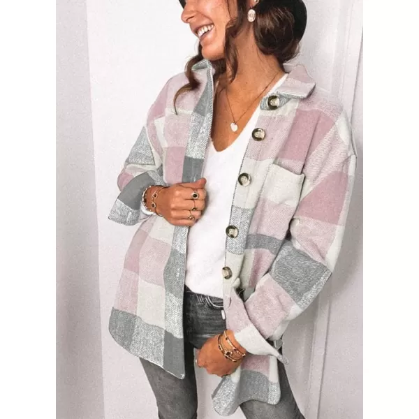 imagePRETTYGARDEN Womens 2023 Fall Clothes Plaid Shacket Jacket Long Sleeve Button Down Flannel Shirts Fashion BlousePink