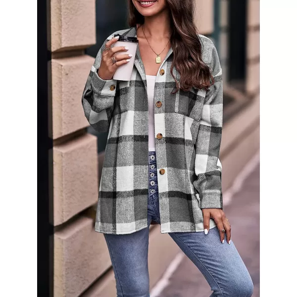 imagePRETTYGARDEN Womens 2023 Fall Clothes Plaid Shacket Jacket Long Sleeve Button Down Flannel Shirts Fashion BlousePlaid Black White