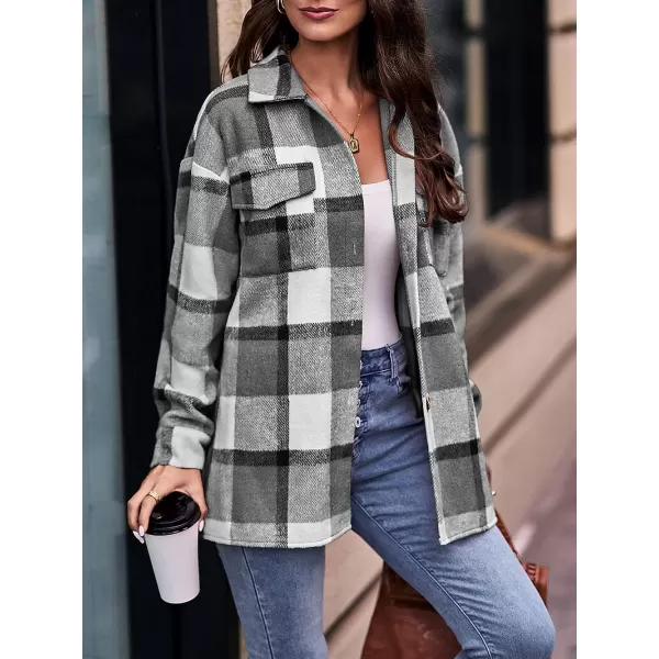 imagePRETTYGARDEN Womens 2023 Fall Clothes Plaid Shacket Jacket Long Sleeve Button Down Flannel Shirts Fashion BlousePlaid Black White