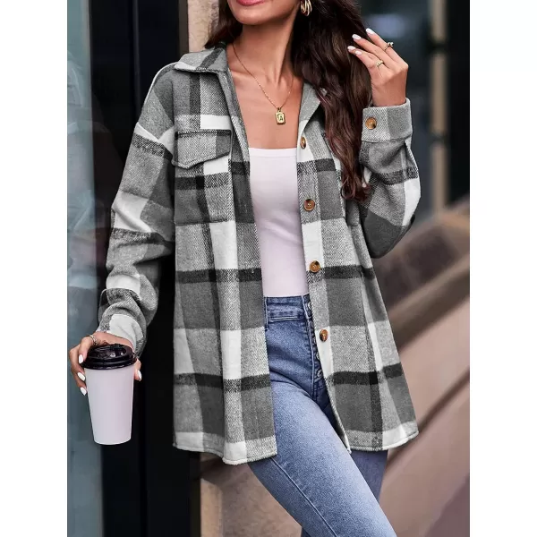 imagePRETTYGARDEN Womens 2023 Fall Clothes Plaid Shacket Jacket Long Sleeve Button Down Flannel Shirts Fashion BlousePlaid Black White