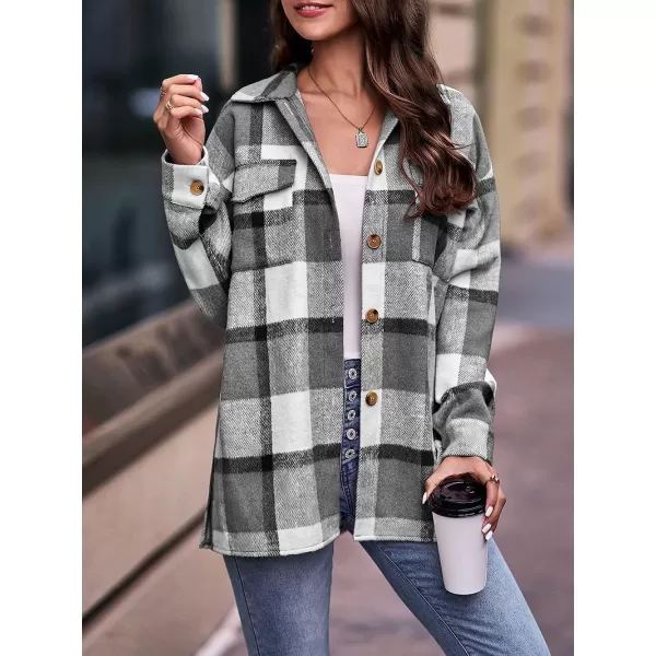 imagePRETTYGARDEN Womens 2023 Fall Clothes Plaid Shacket Jacket Long Sleeve Button Down Flannel Shirts Fashion BlousePlaid Black White