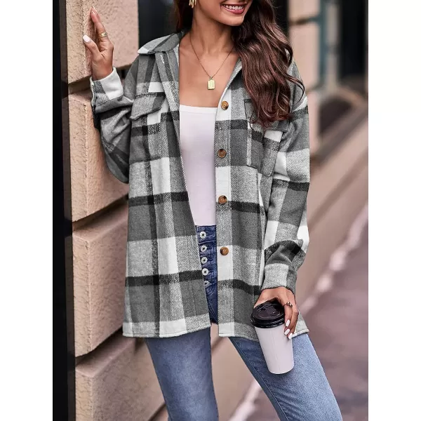 imagePRETTYGARDEN Womens 2023 Fall Clothes Plaid Shacket Jacket Long Sleeve Button Down Flannel Shirts Fashion BlousePlaid Black White