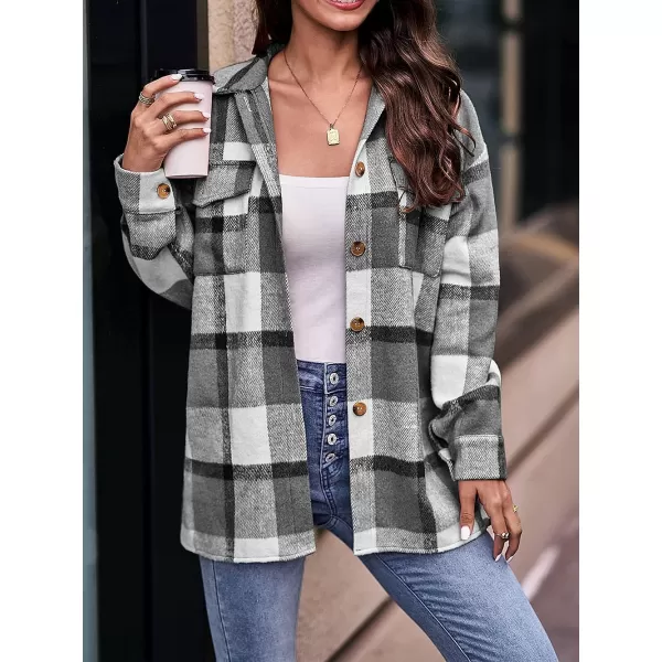 imagePRETTYGARDEN Womens 2023 Fall Clothes Plaid Shacket Jacket Long Sleeve Button Down Flannel Shirts Fashion BlousePlaid Black White