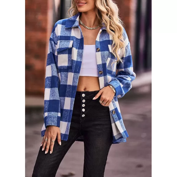 imagePRETTYGARDEN Womens 2023 Fall Clothes Plaid Shacket Jacket Long Sleeve Button Down Flannel Shirts Fashion BlousePlaid Blue White