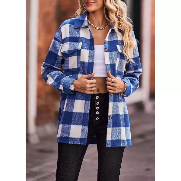 imagePRETTYGARDEN Womens 2023 Fall Clothes Plaid Shacket Jacket Long Sleeve Button Down Flannel Shirts Fashion BlousePlaid Blue White