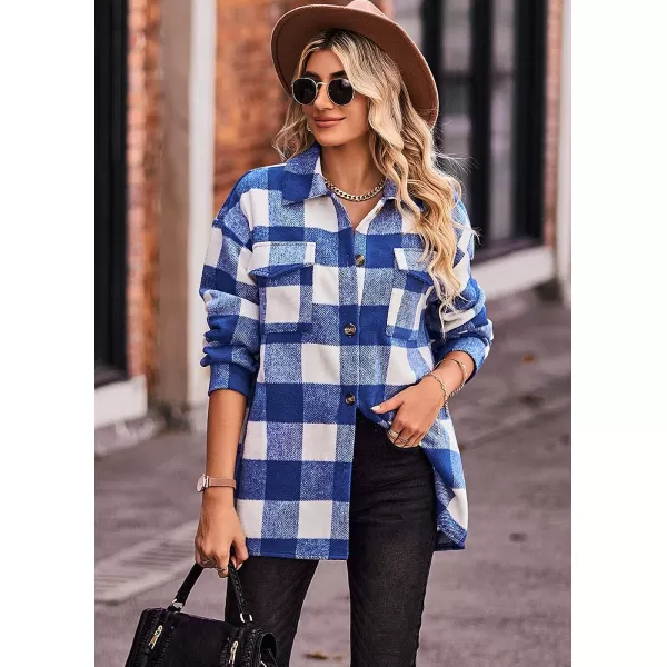 imagePRETTYGARDEN Womens 2023 Fall Clothes Plaid Shacket Jacket Long Sleeve Button Down Flannel Shirts Fashion BlousePlaid Blue White