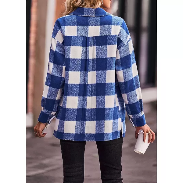 imagePRETTYGARDEN Womens 2023 Fall Clothes Plaid Shacket Jacket Long Sleeve Button Down Flannel Shirts Fashion BlousePlaid Blue White