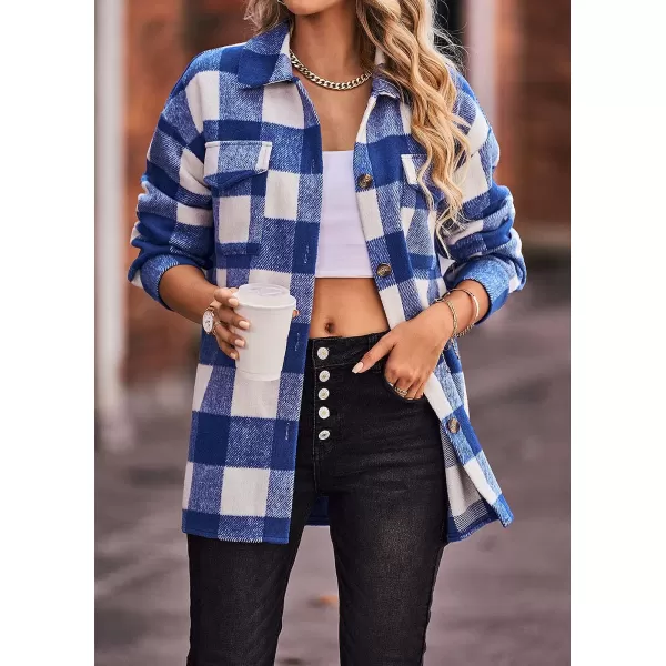 imagePRETTYGARDEN Womens 2023 Fall Clothes Plaid Shacket Jacket Long Sleeve Button Down Flannel Shirts Fashion BlousePlaid Blue White