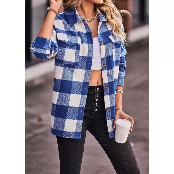 imagePRETTYGARDEN Womens 2023 Fall Clothes Plaid Shacket Jacket Long Sleeve Button Down Flannel Shirts Fashion BlousePlaid Blue White