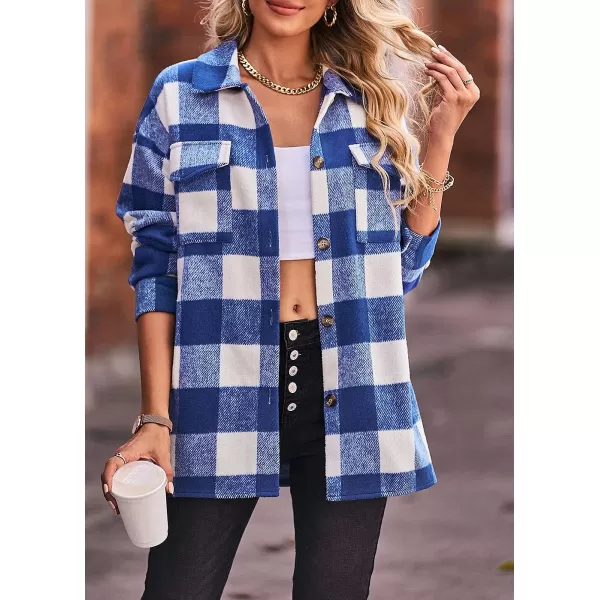 imagePRETTYGARDEN Womens 2023 Fall Clothes Plaid Shacket Jacket Long Sleeve Button Down Flannel Shirts Fashion BlousePlaid Blue White