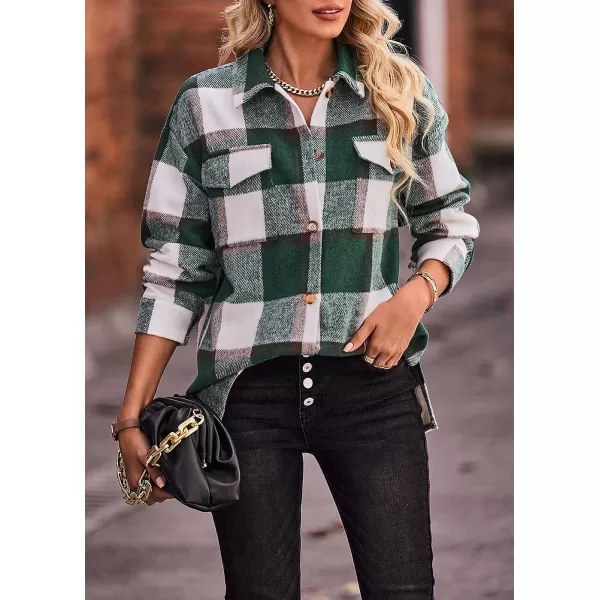 imagePRETTYGARDEN Womens 2023 Fall Clothes Plaid Shacket Jacket Long Sleeve Button Down Flannel Shirts Fashion BlousePlaid Dark Green White