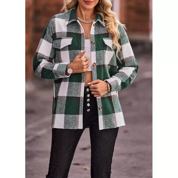 imagePRETTYGARDEN Womens 2023 Fall Clothes Plaid Shacket Jacket Long Sleeve Button Down Flannel Shirts Fashion BlousePlaid Dark Green White
