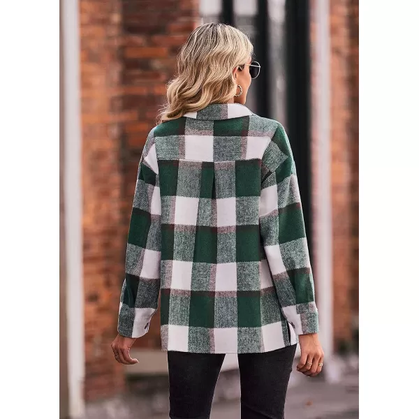 imagePRETTYGARDEN Womens 2023 Fall Clothes Plaid Shacket Jacket Long Sleeve Button Down Flannel Shirts Fashion BlousePlaid Dark Green White