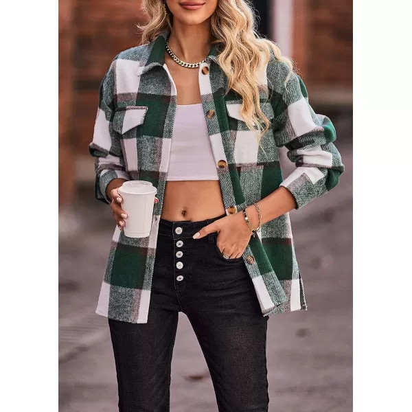 imagePRETTYGARDEN Womens 2023 Fall Clothes Plaid Shacket Jacket Long Sleeve Button Down Flannel Shirts Fashion BlousePlaid Dark Green White