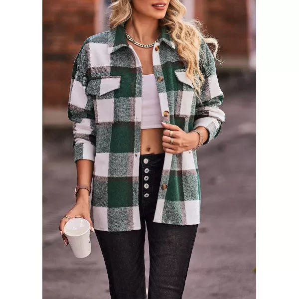 imagePRETTYGARDEN Womens 2023 Fall Clothes Plaid Shacket Jacket Long Sleeve Button Down Flannel Shirts Fashion BlousePlaid Dark Green White