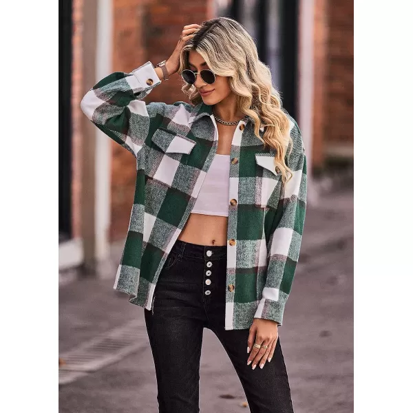 imagePRETTYGARDEN Womens 2023 Fall Clothes Plaid Shacket Jacket Long Sleeve Button Down Flannel Shirts Fashion BlousePlaid Dark Green White