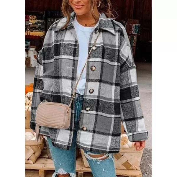 imagePRETTYGARDEN Womens 2023 Fall Clothes Plaid Shacket Jacket Long Sleeve Button Down Flannel Shirts Fashion BlousePlaid Grey
