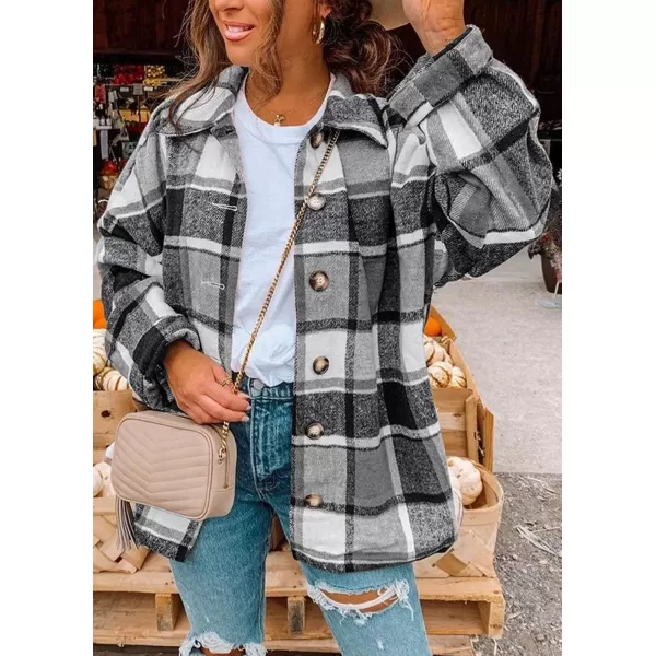 imagePRETTYGARDEN Womens 2023 Fall Clothes Plaid Shacket Jacket Long Sleeve Button Down Flannel Shirts Fashion BlousePlaid Grey
