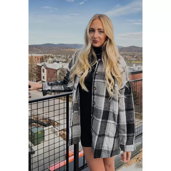 imagePRETTYGARDEN Womens 2023 Fall Clothes Plaid Shacket Jacket Long Sleeve Button Down Flannel Shirts Fashion BlousePlaid Grey