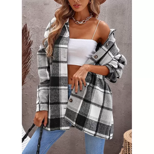 imagePRETTYGARDEN Womens 2023 Fall Clothes Plaid Shacket Jacket Long Sleeve Button Down Flannel Shirts Fashion BlousePlaid Grey