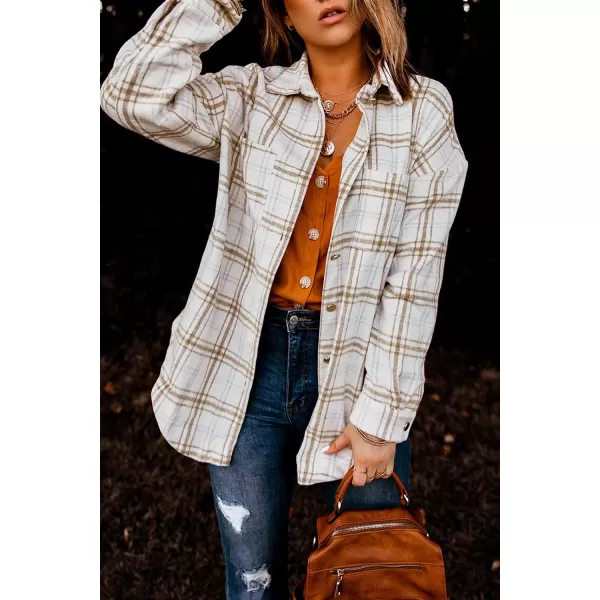 imagePRETTYGARDEN Womens 2023 Fall Clothes Plaid Shacket Jacket Long Sleeve Button Down Flannel Shirts Fashion BlousePlaid Khaki