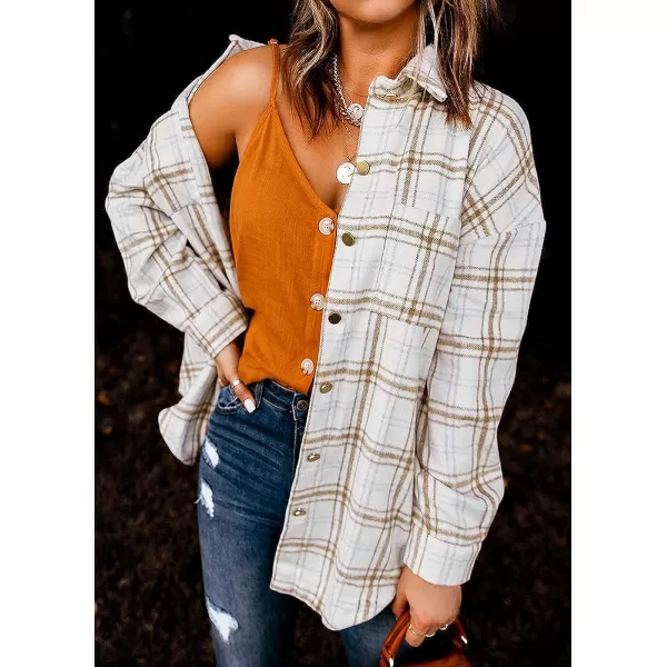 imagePRETTYGARDEN Womens 2023 Fall Clothes Plaid Shacket Jacket Long Sleeve Button Down Flannel Shirts Fashion BlousePlaid Khaki