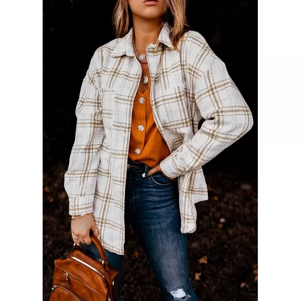 imagePRETTYGARDEN Womens 2023 Fall Clothes Plaid Shacket Jacket Long Sleeve Button Down Flannel Shirts Fashion BlousePlaid Khaki