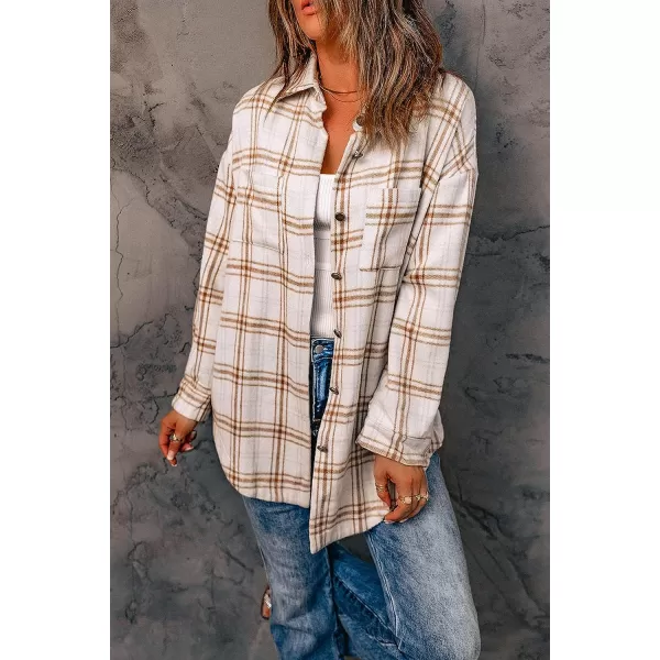 imagePRETTYGARDEN Womens 2023 Fall Clothes Plaid Shacket Jacket Long Sleeve Button Down Flannel Shirts Fashion BlousePlaid Khaki