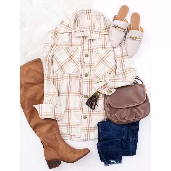 imagePRETTYGARDEN Womens 2023 Fall Clothes Plaid Shacket Jacket Long Sleeve Button Down Flannel Shirts Fashion BlousePlaid Khaki