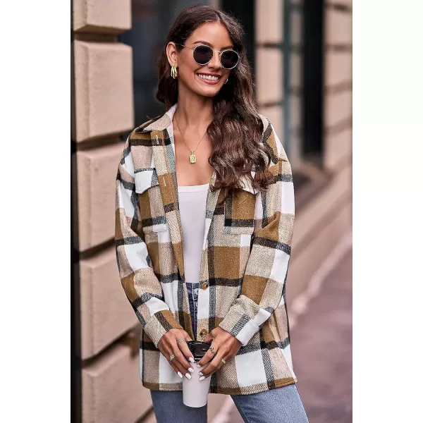imagePRETTYGARDEN Womens 2023 Fall Clothes Plaid Shacket Jacket Long Sleeve Button Down Flannel Shirts Fashion BlousePlaid Khaki White