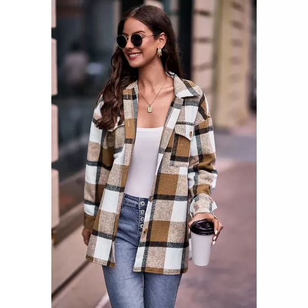 imagePRETTYGARDEN Womens 2023 Fall Clothes Plaid Shacket Jacket Long Sleeve Button Down Flannel Shirts Fashion BlousePlaid Khaki White