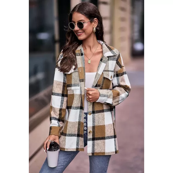 imagePRETTYGARDEN Womens 2023 Fall Clothes Plaid Shacket Jacket Long Sleeve Button Down Flannel Shirts Fashion BlousePlaid Khaki White