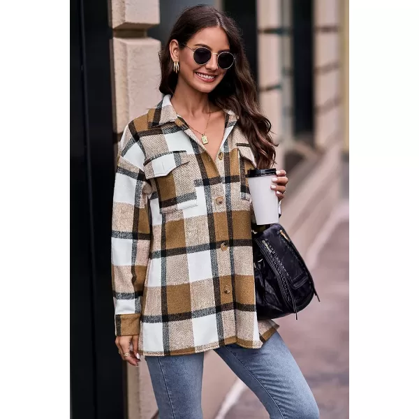 imagePRETTYGARDEN Womens 2023 Fall Clothes Plaid Shacket Jacket Long Sleeve Button Down Flannel Shirts Fashion BlousePlaid Khaki White