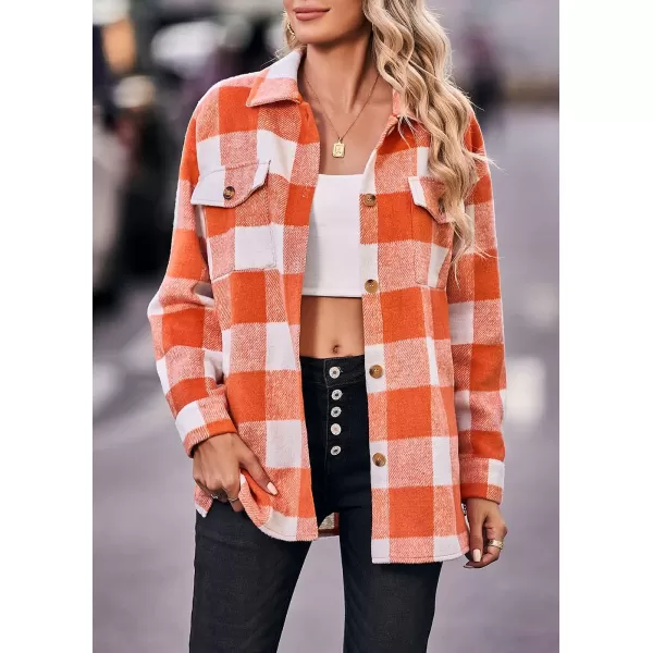 imagePRETTYGARDEN Womens 2023 Fall Clothes Plaid Shacket Jacket Long Sleeve Button Down Flannel Shirts Fashion BlousePlaid Orange White