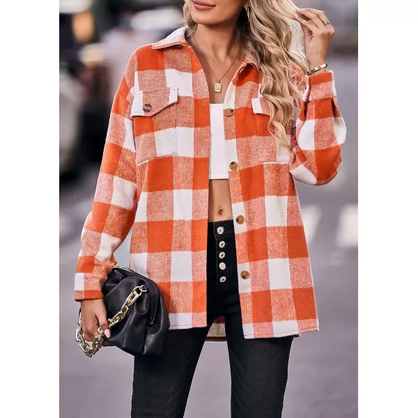 imagePRETTYGARDEN Womens 2023 Fall Clothes Plaid Shacket Jacket Long Sleeve Button Down Flannel Shirts Fashion BlousePlaid Orange White