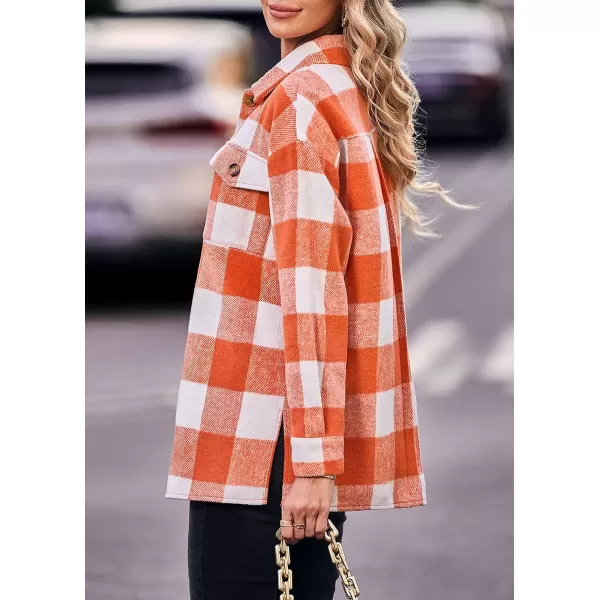 imagePRETTYGARDEN Womens 2023 Fall Clothes Plaid Shacket Jacket Long Sleeve Button Down Flannel Shirts Fashion BlousePlaid Orange White