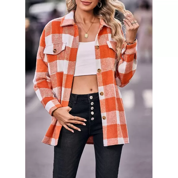 imagePRETTYGARDEN Womens 2023 Fall Clothes Plaid Shacket Jacket Long Sleeve Button Down Flannel Shirts Fashion BlousePlaid Orange White