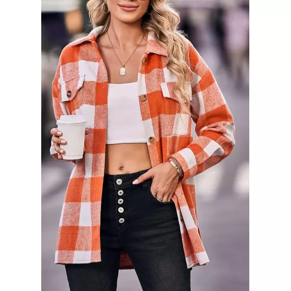 imagePRETTYGARDEN Womens 2023 Fall Clothes Plaid Shacket Jacket Long Sleeve Button Down Flannel Shirts Fashion BlousePlaid Orange White