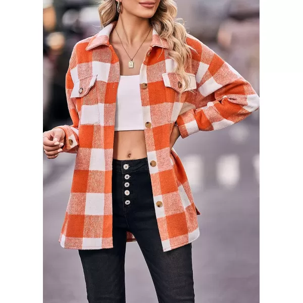 imagePRETTYGARDEN Womens 2023 Fall Clothes Plaid Shacket Jacket Long Sleeve Button Down Flannel Shirts Fashion BlousePlaid Orange White