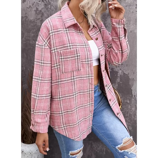 imagePRETTYGARDEN Womens 2023 Fall Clothes Plaid Shacket Jacket Long Sleeve Button Down Flannel Shirts Fashion BlousePlaid Pink