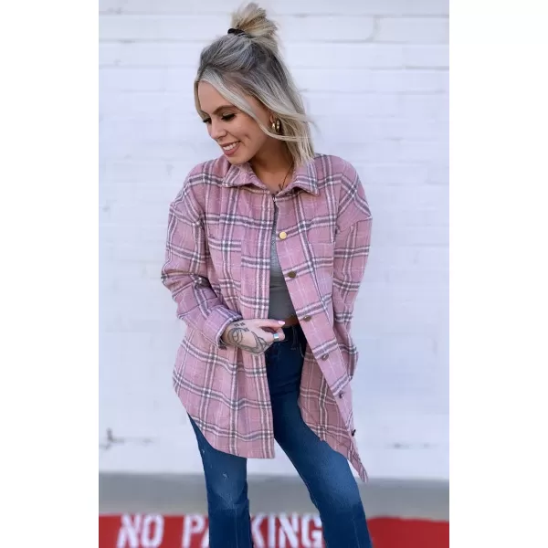 imagePRETTYGARDEN Womens 2023 Fall Clothes Plaid Shacket Jacket Long Sleeve Button Down Flannel Shirts Fashion BlousePlaid Pink