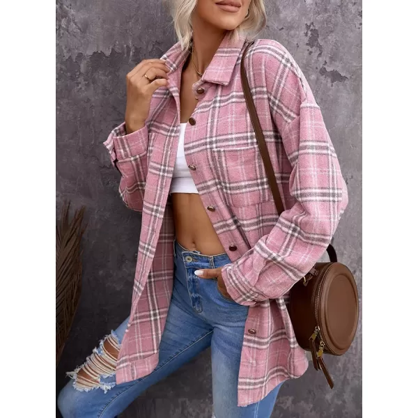 imagePRETTYGARDEN Womens 2023 Fall Clothes Plaid Shacket Jacket Long Sleeve Button Down Flannel Shirts Fashion BlousePlaid Pink