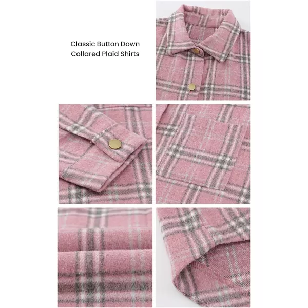 imagePRETTYGARDEN Womens 2023 Fall Clothes Plaid Shacket Jacket Long Sleeve Button Down Flannel Shirts Fashion BlousePlaid Pink