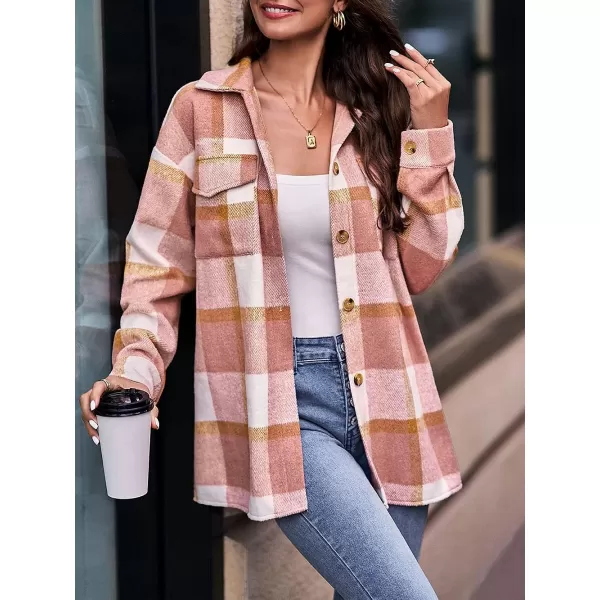 imagePRETTYGARDEN Womens 2023 Fall Clothes Plaid Shacket Jacket Long Sleeve Button Down Flannel Shirts Fashion BlousePlaid Pink White