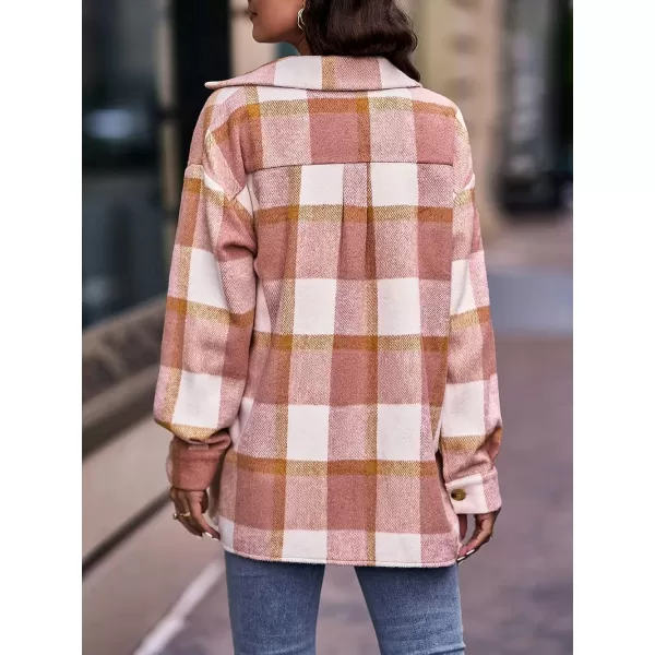 imagePRETTYGARDEN Womens 2023 Fall Clothes Plaid Shacket Jacket Long Sleeve Button Down Flannel Shirts Fashion BlousePlaid Pink White