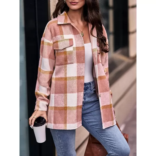 imagePRETTYGARDEN Womens 2023 Fall Clothes Plaid Shacket Jacket Long Sleeve Button Down Flannel Shirts Fashion BlousePlaid Pink White