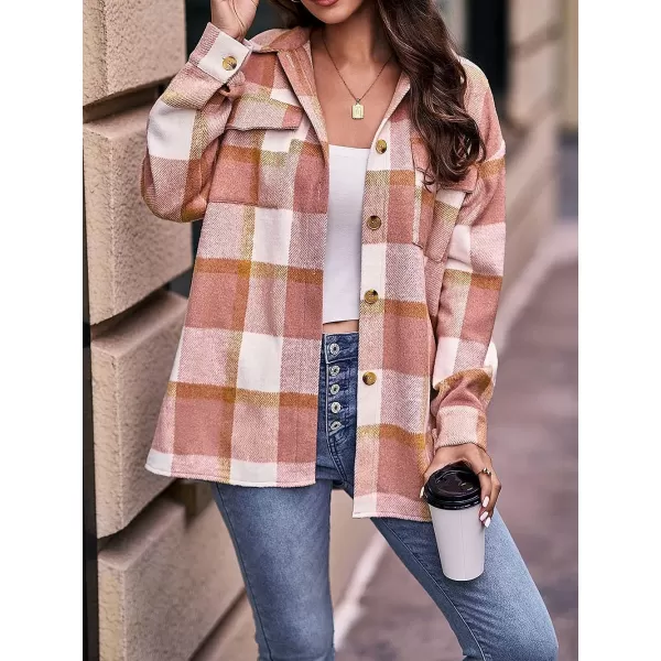 imagePRETTYGARDEN Womens 2023 Fall Clothes Plaid Shacket Jacket Long Sleeve Button Down Flannel Shirts Fashion BlousePlaid Pink White