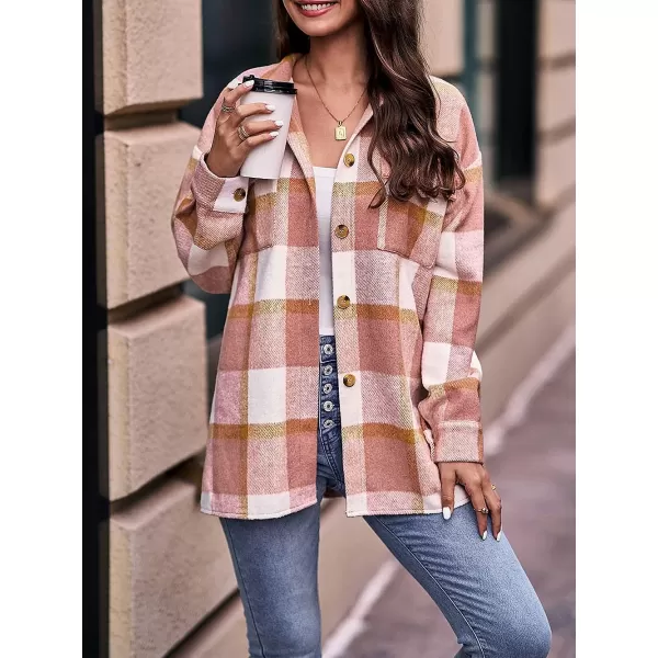 imagePRETTYGARDEN Womens 2023 Fall Clothes Plaid Shacket Jacket Long Sleeve Button Down Flannel Shirts Fashion BlousePlaid Pink White